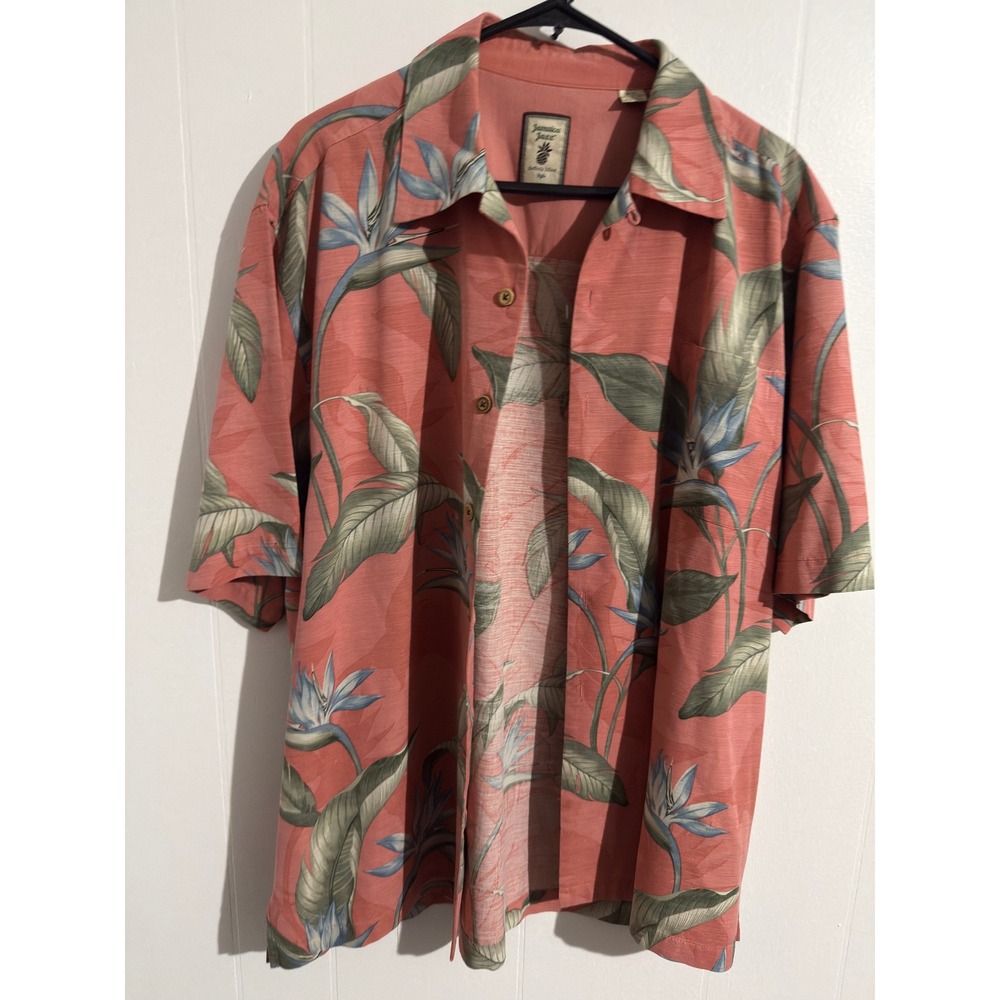 Jamaica Jaxx Mens Silk Bird‎ of Paradise Camp Shirt Salmon Coral L Hawaiian